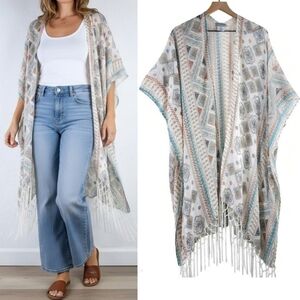 Lake Shore Drive Boho Tassel Ethnic Kimono Kaftan Duster Topper Wrap Shrug